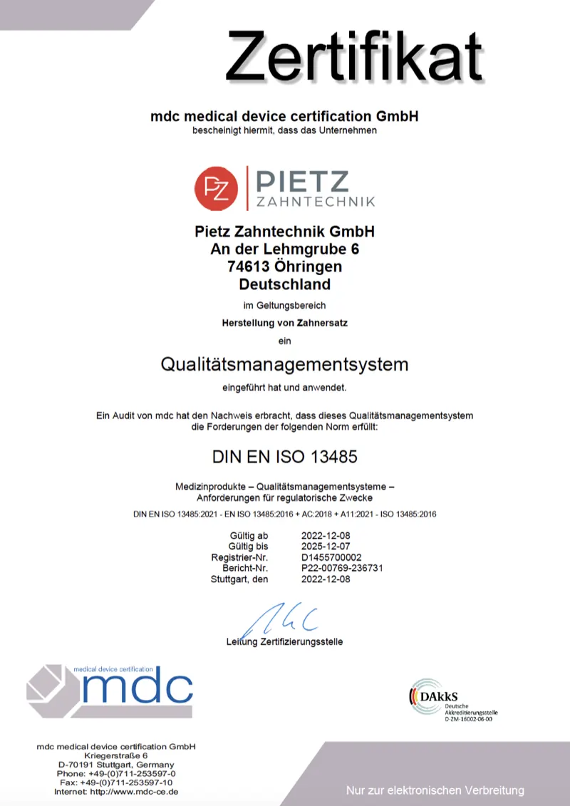 Zertifikat DIN EN ISO 13485 für Pietz Zahntechnik